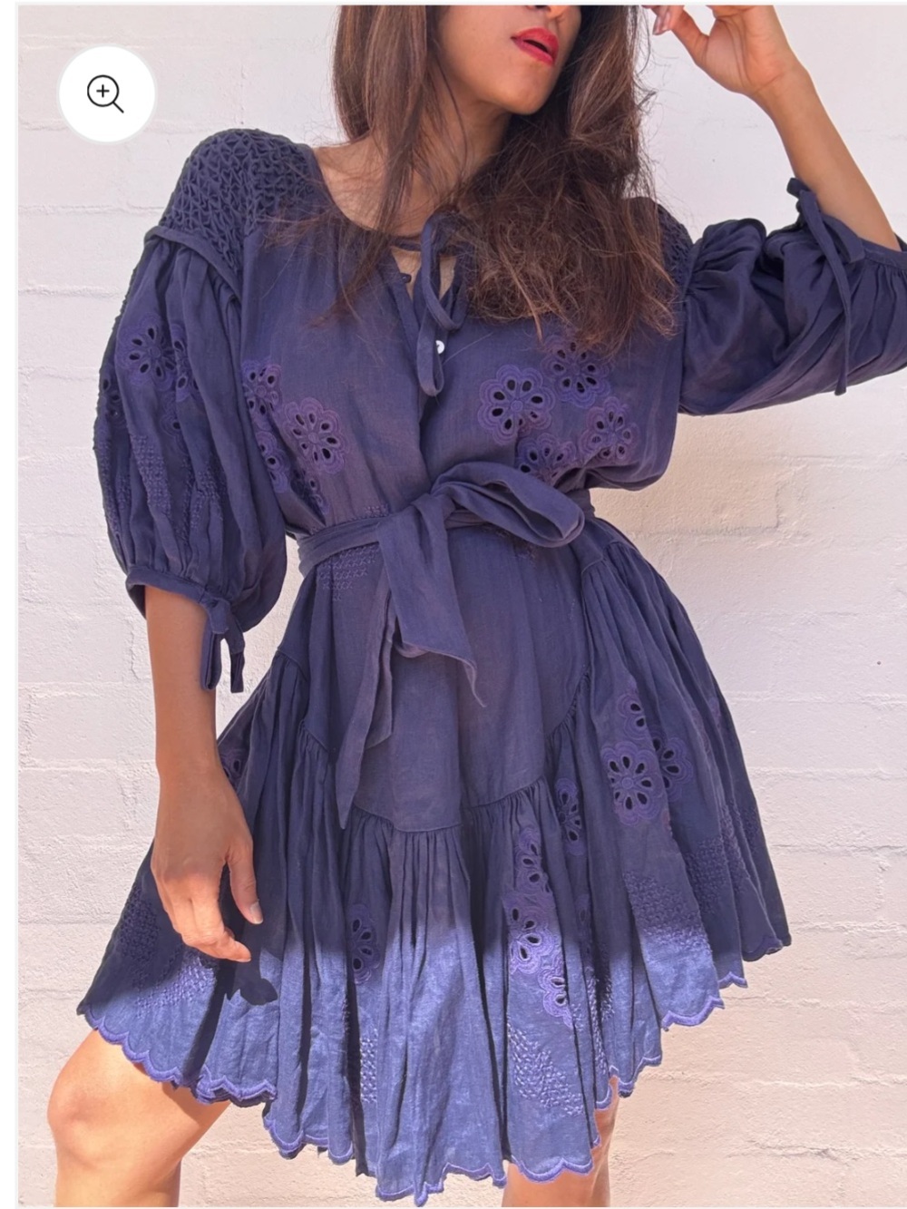 Innika Choo Linen Floral Eyelet Babydoll Mini Dress Navy Blue Women’s 2 (8/10)